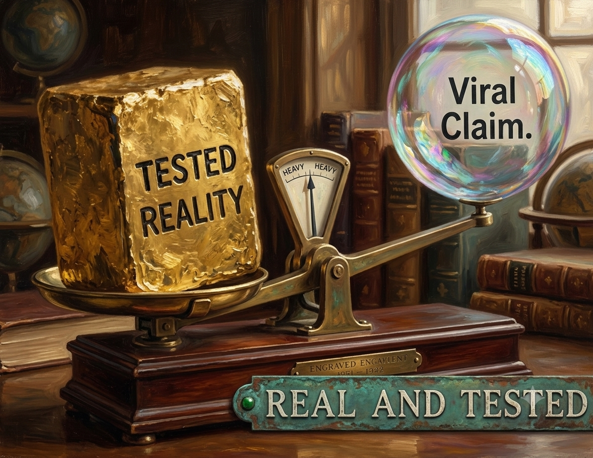 A balance scale comparing a heavy gold block labeled Tested Reality against a light bubble labeled Viral Claim.